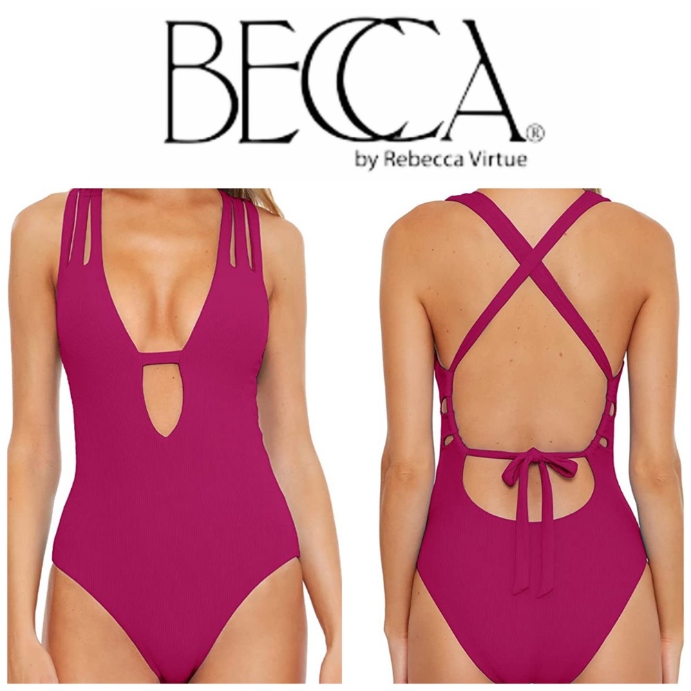 NEW BECCA Skylar Ribbed Plunge One Piece Swimsuit